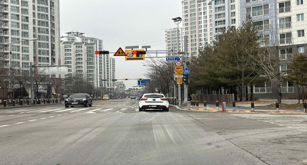 Road with two lanes in each direction · Horizontal three-color vehicle signal is red
