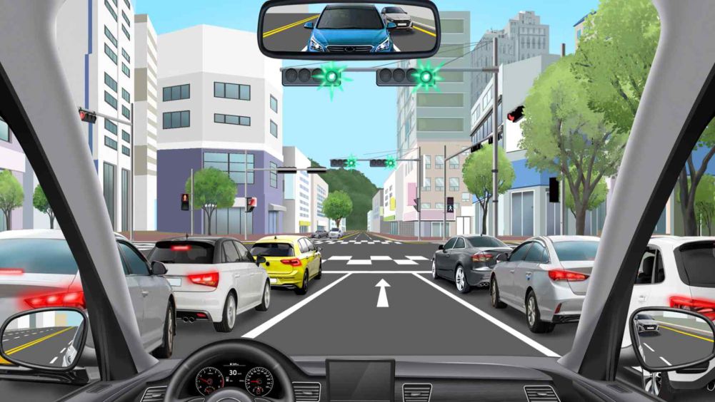 ทางแยกรูป + · ช่องทางที่ 1 (เลี้ยวซ้าย), ช่องทางที่ 2 (ตรงไป), ช่องทางที่ 3 (ตรงไป·เลี้ยวขวา) · กำลังขับในช่องทางที่ 2 · สัญญาณไฟ 4 ดวงเปลี่ยนจากไฟแดงเป็นไฟเขียว