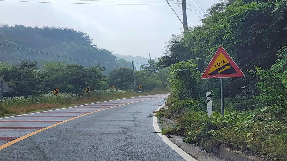 Road surface wet from rain · Safety sign on the right side of the road · Uphill road curving to the right
