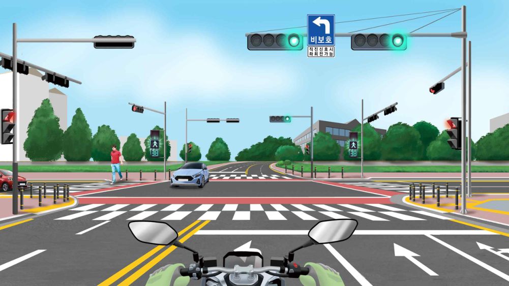 Vehicle traffic light ahead is green · Pedestrians crossing the crosswalk on the left · A passenger car coming straight from the opposite direction