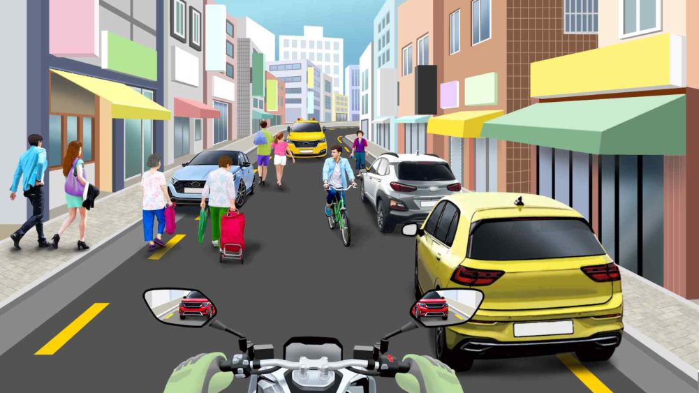 在没有中心线的小巷道路上行驶 · 前方有其他车辆、自行车等驶来 · 停放车辆周围有很多行人 · 后方有乘用车接近