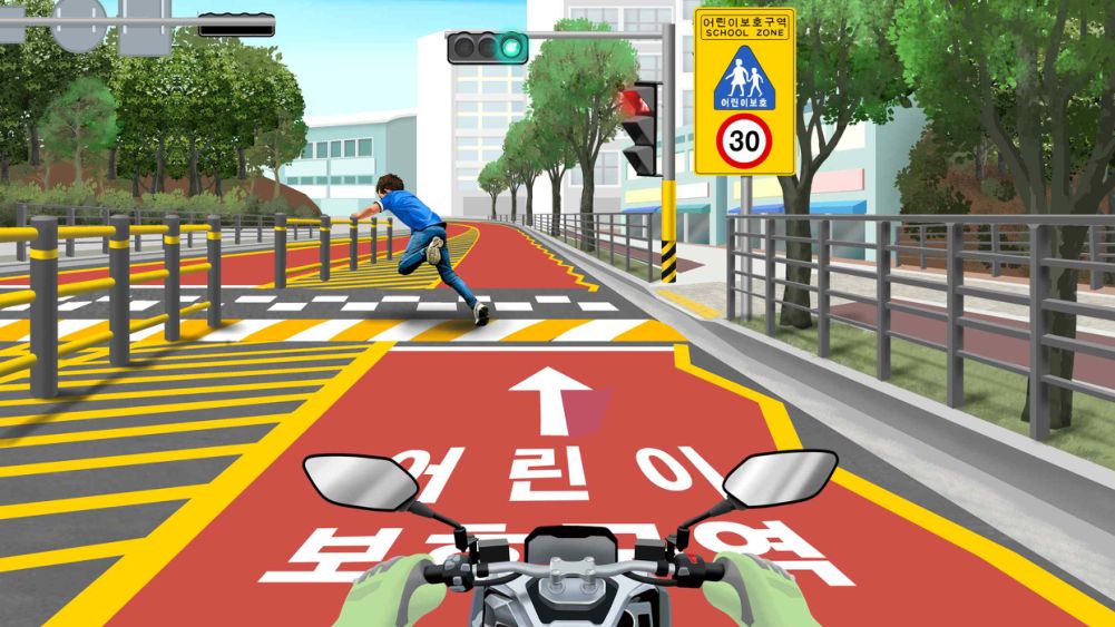 Traveling in a children's protection zone · The pedestrian signal at the crosswalk has changed to red · A child running to the crosswalk falls down