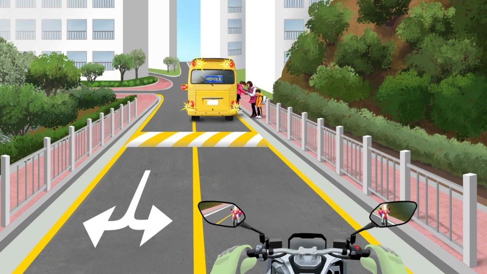 A children's school bus with flashing lights on, children getting on and off · A motorcycle following behind
