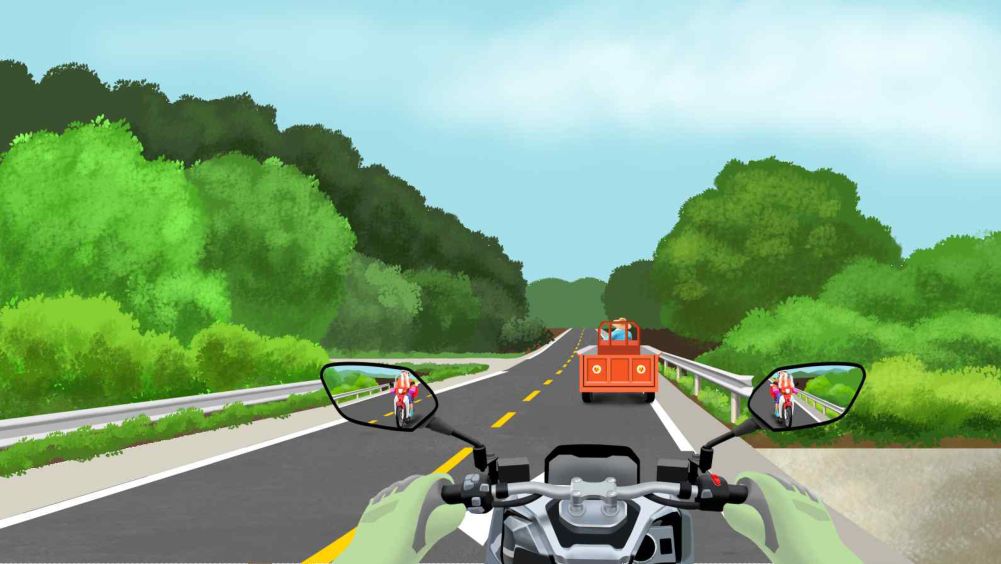 Small side roads entering from the left and right · A power tiller driven by an elderly person · A quiet rural road with one lane each way · A motorcycle following without a safe distance