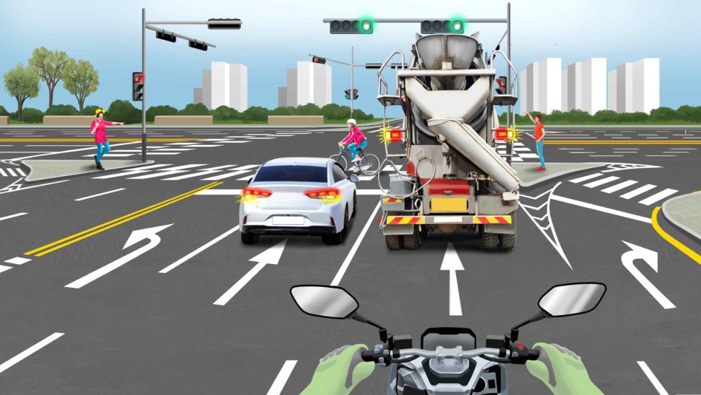 The car and the truck have their hazard lights on · A person on the traffic island is waving