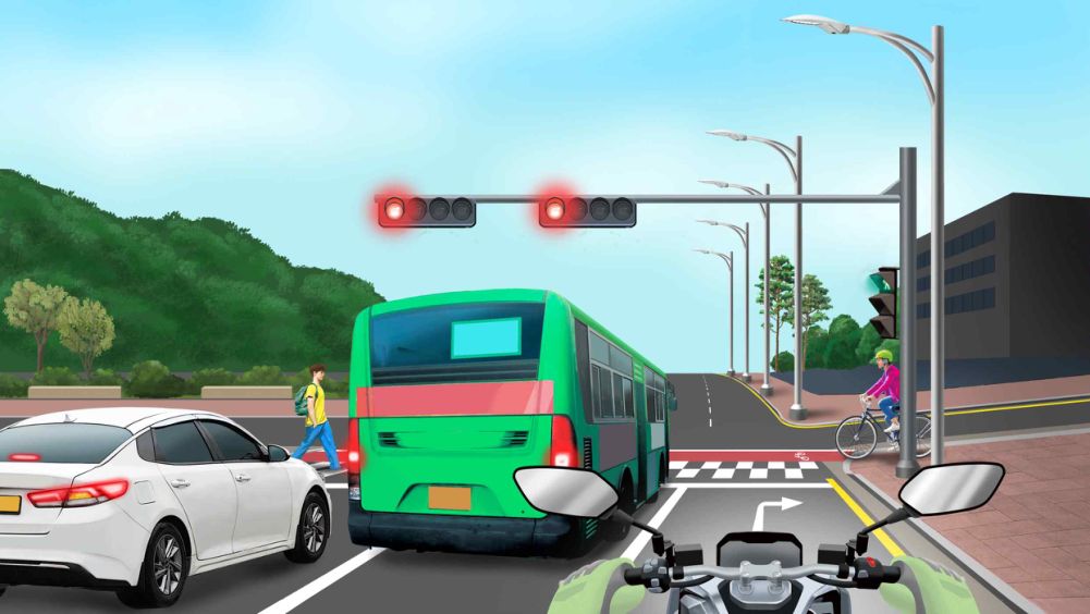A motorcycle about to turn right · Pedestrian signal flashing green, no auxiliary signal