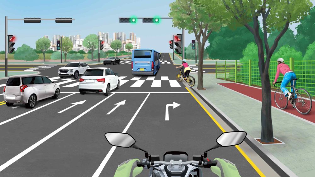 The vehicle signal at the intersection is green · A bicycle on the right of the sidewalk is entering the roadway