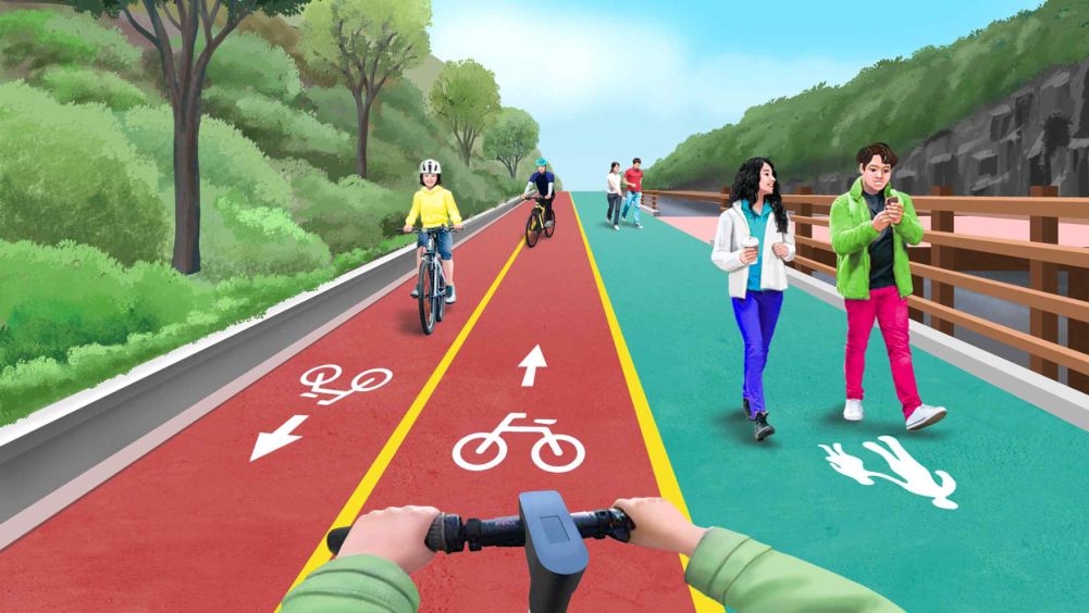 自行车与行人分道通行的道路 · 自行车越过中心线逆行