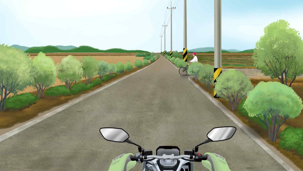 A bicycle is turning right · The bicycle is hard to see because it is hidden by trees